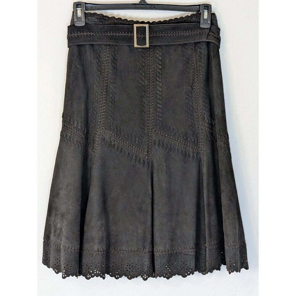 Peter Nygard Black Suede Leather Skirt Size 6 Boho Western Scalloped Hem